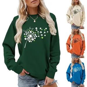 Women Round Neck Sweatshirt Lucky Clover Dandelion Print Long Sleeve Cotton Blend Casual Pullover Top