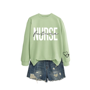 Casual light green crewneck sweatshirt with future NURSE print and denim shorts