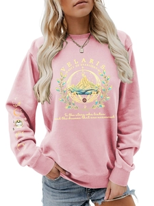 Pink sweatshirt featuring Velaris City of Starlight print and moon phase sleeve detail