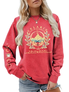 Detail showing Velaris City of Starlight illustration on red cotton blend sweatshirt