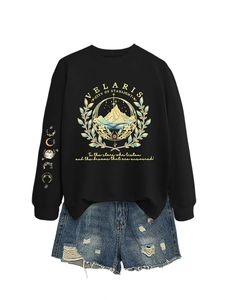 Detail of Velaris hoodie with mountain print and denim shorts on white background