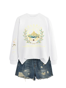 Flat lay of Velaris white sweatshirt with starlinght print and ripped denim shorts