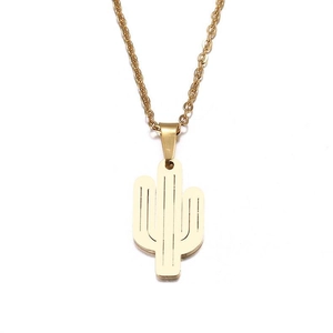 Close-up of golden cactus pendant with vertical textures on polished steel chain