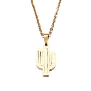 Minimalist gold stainless steel cactus pendant necklace for women on white background