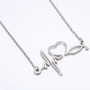 Γυαλισμένο κολιέ στηθοσκόπιο από ανοξείδωτο ατσάλι με καρδιακό παλμό και καρδιά σε ασήμι