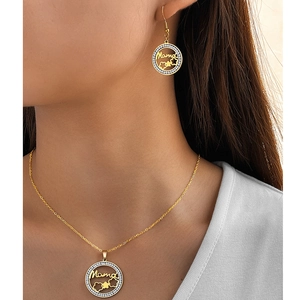 Collier Et Boucles Oreilles Mama Bijoux Acier Inoxydable Strass Pendentif Rond Creux Cadeau Fête Des Mères Femmes
