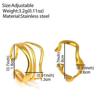 Adjustable golden stainless steel geometric wavy rings in minimalist stackable designs