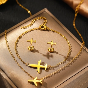 Parure bijoux avion en acier inoxydable doré avec collier bracelet et boucles