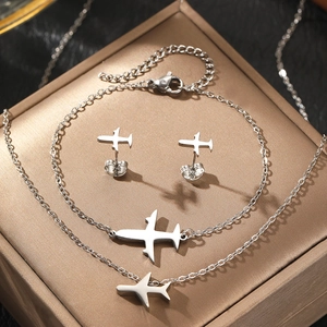 Parure bijoux avion en acier inoxydable avec boucles d'oreilles et bracelet à pendentif