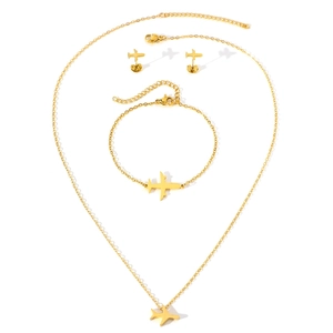 Parure de bijoux en acier doré avec collier pendentif avion, bracelet et boucles d'oreilles