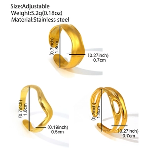 Three adjustable gold plated stainless steel rings in wave and hollowed out designs