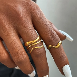 Stainless Steel Irregular Wave Rings Adjustable Liquid Metal Style Geometric Fashion Jewelry For Women