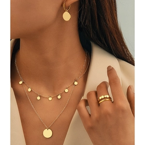 Stainless Steel Double Layer Disc Necklace Round Pendant Hoop Earrings Adjustable Geometric Ring Minimalist Fashion Women