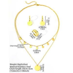 Minimalist gold stainless steel jewelry set with layered necklace, round earrings, and ring