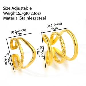 Set of two gold stainless steel open rings with twisted rope texture and smooth finish