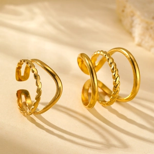 Minimalist gold stainless steel layered ring set featuring twisted rope texture and smooth finish