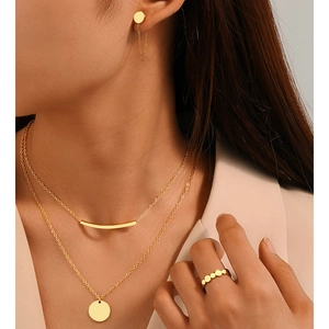 Minimalist Stainless Steel Jewelry Set For Women Double Layer Round Plate Necklace Chain Earrings Ring Set Gold Silver Plated Elegant Daily Accessories