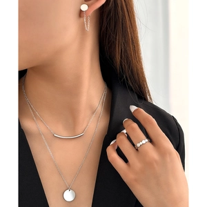 Minimalist double-layer silver stainless steel necklace set with round pendant jewelry
