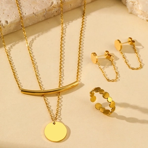 Minimalist double-layer stainless steel necklace set with circular pendant and ring