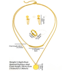 Double layer stainless steel necklace with round disc pendant and matching jewelry set