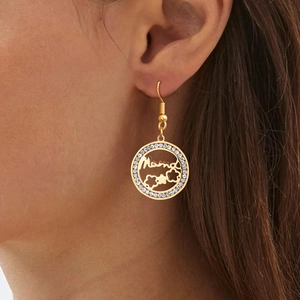 Mama Round Dangle Earrings Stainless Steel With Rhinestones Hollow Flower Jewelry Gift For Women