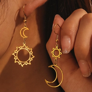 Stainless Steel Asymmetric Sun Moon Dangle Earrings Bohemian Celestial Hollow Out Geometric Jewelry For Women