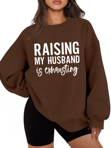 Detail of coffee brown drop shoulder sweatshirt with Raising My Husband text
