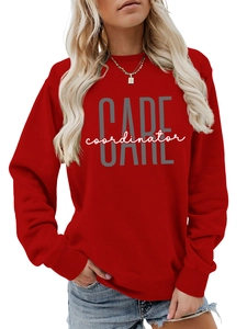 Front view of casual red crewneck sweatshirt featuring gray CARE coordinator lettering