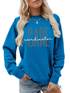 Detail of blue crewneck sweatshirt with CARE coordinator print and ribbed cuffs