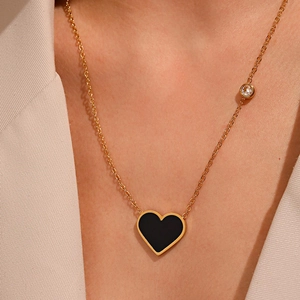 Pendant Necklace Stainless Steel Black Heart Zircon Accent Elegant Minimalist Style Fashion Jewelry Gift For Women
