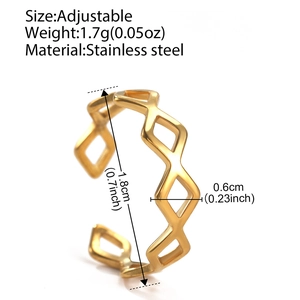 Adjustable golden stainless steel open ring with hollow geometric rhombus pattern