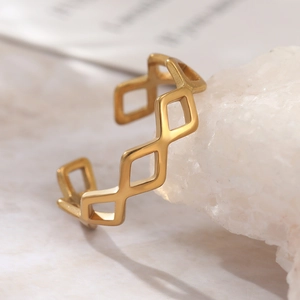 Minimalist gold geometric rhombus hollow open ring with high-polished metal finish