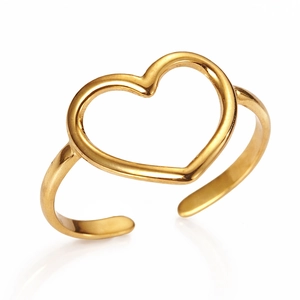 Macro shot of gold hollow heart ring featuring an adjustable open band design and mirror reflection