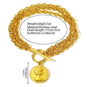Bracelet chaîne multicouche en acier inoxydable doré avec fermoir OT et charm pièce
