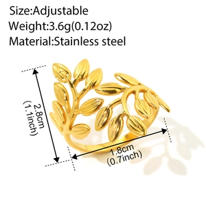 Golden olive leaf stainless steel adjustable open ring for women stylish jewelry
