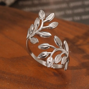 Minimalist stainless steel open ring with olive leaf design and polished silver finish