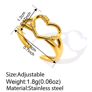 Minimalist 18k gold plated stainless steel adjustable ring with hollow heart design