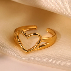 Minimalist 18k gold plated stainless steel open ring with hollow heart and textured detail