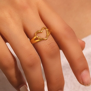 Hollow Heart Shaped Ring 18K Gold Plated Stainless Steel Geometric Adjustable Open Band Minimalist Jewelry For Women Men