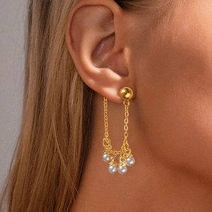 Long Tassel Drop Earrings Stainless Steel Chain Faux Artificial Pearl Elegant Minimalist Luxury Jewelry For Women
