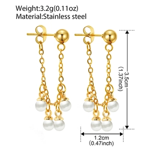 Elegant gold-plated stainless steel long tassel earrings with white pearls for women