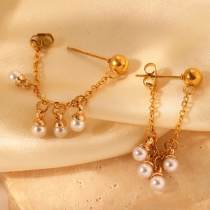 Elegant gold long tassel earrings with stainless steel chains and white faux pearls