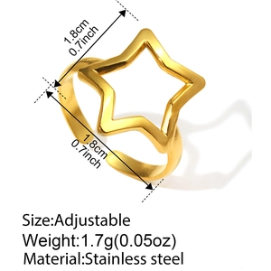 Bague ajustable en acier inoxydable doré avec étoile ajourée et dimensions du produit