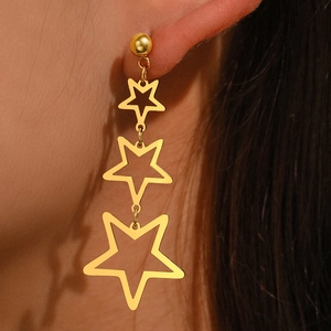 Star Drop Earrings 18K Gold Plated Stainless Steel Hollow Pentagram Triple Stars Long Dangle Minimalist Fashion Jewelry