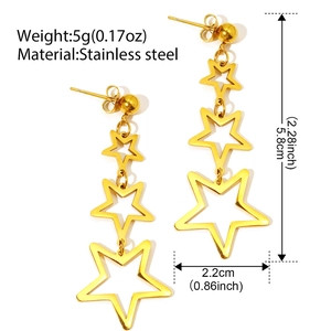 18k gold plated stainless steel long drop earrings featuring three hollow star pendants
