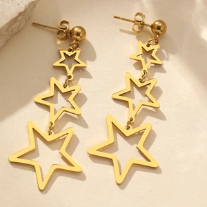 Long 18k gold plated stainless steel earrings with three hollow star drops for women
