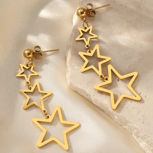 18k gold plated stainless steel long drop earrings with triple star pendant design