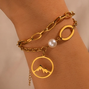 Bracelet Double Couche En Acier Inoxydable Avec Fausse Künstliche Perle Et Pendentif Montagne Bijoux Mode Pour Femmes Ajustable