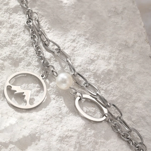 Bracelet double couche en acier inoxydable argenté avec pendentif montagne et perle
