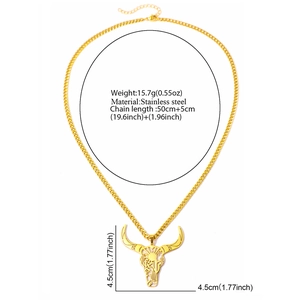 Collana con teschio di toro in acciaio inossidabile dorato con catena da 55 cm e misure
